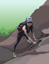 Cartoon woman tourist with a backpack climbs a mountain