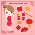 Cartoon woman wear cheongsam