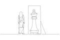 Cartoon of woman wear hijab standing infront of mirror seeing inner king chess piece concept of positive mindset. Single line art