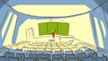 Cartoon Woman Wipes The Blackboard In An Empty Lecture Hall. Color Vector