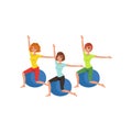 Cartoon women characters doing exercise with fitness ball. People in gym. Three young girls in sportswear. Healthy Royalty Free Stock Photo