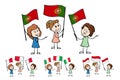 Cartoon women of different ages holding and waving the flags of Italy, Portugal, Malta, Monaco. Happy stick figures