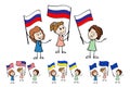 Cartoon women of different ages holding and waving flags of Russia, Ukraine, European Union, USA. Happy stickfigures Royalty Free Stock Photo