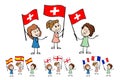 Cartoon women of different ages holding and waving flags of Switzerland, France, Spain, England. Happy stick figures