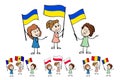 Cartoon women of different ages holding and waving the flags of Ukraine, Poland, Romania, Moldova. Happy stickfigures