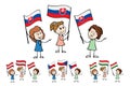 Cartoon women of different ages waving the flags of Slovakia, Austria, Czech Republic, Hungary. Happy stick figures