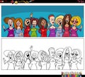 cartoon women and girls characters group coloring page