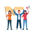 Cartoon women and man standing holding blank signs and megaphone Royalty Free Stock Photo