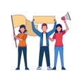 Cartoon women and man standing holding blank signs and megaphone, colorful design Royalty Free Stock Photo