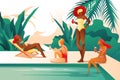 Cartoon Women near Pool Drink Coctail Sunbathing