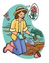 Cartoon Women planting seedling. Female Gardener taking care of plants. Girl growing flowers. Colorful illustration Royalty Free Stock Photo