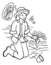 Cartoon Women planting seedling. Gardener taking care of plants. Girl growing flowers. Kids coloring illustration. Royalty Free Stock Photo