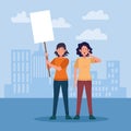 Cartoon women protestating holding a blank sign, colorful design Royalty Free Stock Photo