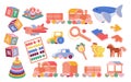 Cartoon wood elements for toddlers to play, vintage horse and helicopter, pyramid and puzzles, locomotive with cars for