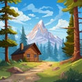 Cartoon Wood House In The Woods With Mountain Background