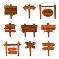 Cartoon wooden arrows. Vintage wood sign boards and arrow signs. Isolated signpost vector set Royalty Free Stock Photo