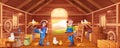 Cartoon wooden barn with farmers, haystacks,chickens and garden tools