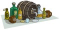 Cartoon wooden barrel bottles and mugs for alcohol