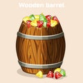 Cartoon wooden barrel full of colorful gems, game elements