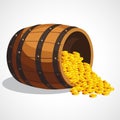 Cartoon wooden barrel with gold coins. Vector illustration.