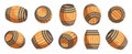 Cartoon wooden barrels. Stack of old oak kegs and casks with rum, whisky, wine and beer, traditional brewery and pub Royalty Free Stock Photo