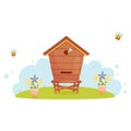 Cartoon wooden beehive in the garden.