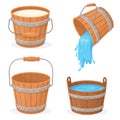 Cartoon wooden buckets. Wood bucket with flowing water or milk, empty pail stream spa sauna bathtub tub barrel jar pot Royalty Free Stock Photo