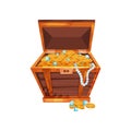 Cartoon wooden chest with shiny golden coins, blue diamonds and pearl necklace. Pirate treasures. Symbol of wealth and Royalty Free Stock Photo