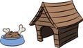 Cartoon wooden dog house and a dog bowl full of food and bones Royalty Free Stock Photo