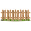 Cartoon wooden fence with realistic wood rings, grass, and stone around, picket on the top. Vector illustration isolated on white