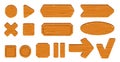 Cartoon wooden game buttons. Text underlays different shapes, blank panels for menu interfaces, tree textured navigation