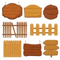 Cartoon wooden garden fence. Blank wood banners and signs vector set