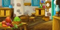 Cartoon wooden house interior kitchen on farm ranch