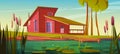Cartoon wooden house near swamp with cattails