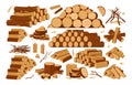 Cartoon wooden logs, firewood piles and stacked bonfire firewoods. Wood industry materials, lumber branch and twigs vector symbols Royalty Free Stock Photo