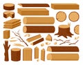 Cartoon wooden logs, tree trunks, planks, wood industry materials. Wood lumber branch, stacked woodwork planks and firewood vector Royalty Free Stock Photo