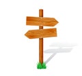 Cartoon wooden signpost with grass. Isolated arrow sign vector illustration.