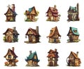 Cartoon wooden and stone cottages. Medieval countryside houses, vintage wood chalets architecture, old village home Royalty Free Stock Photo