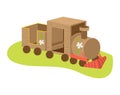 Cartoon wooden toy train with colorful details on green. Children's playtime toy locomotive vector illustration