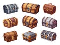 Cartoon wooden treasure chests, old reward boxes wood chest rpg 2d game asset pirate treasures set vector illustration Royalty Free Stock Photo