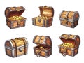Cartoon wooden treasure open chests full gold coins , old reward boxes wood chest rpg 2d retro casual game asset set Royalty Free Stock Photo