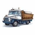 Cartoon Wooden Truck With Cargo: Ink Wash Style Delivery Vehicle