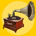 Cartoon wooden vintage gramophone with curved plate