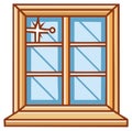 Cartoon wooden window frame with cracked glass and a latch Royalty Free Stock Photo