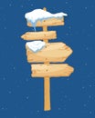 Cartoon wooden winter sign with snow cap vector illustration. Snowy sign board. Wood directional arrow, snow covered Royalty Free Stock Photo