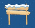 Cartoon wooden winter sign with snow cap vector illustration. Snowy sign board. Wood directional arrow, snow covered