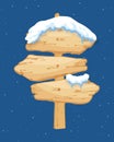 Cartoon wooden winter sign with snow cap vector illustration. Snowy sign board. Wood directional arrow, snow covered Royalty Free Stock Photo