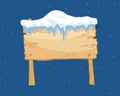 Cartoon wooden winter sign with snow cap vector illustration. Snowy sign board. Wood directional arrow, snow covered Royalty Free Stock Photo