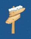 Cartoon wooden winter sign with snow cap vector illustration. Snowy sign board. Wood directional arrow, snow covered Royalty Free Stock Photo