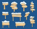 Cartoon wooden winter sign with snow cap vector illustration. Snowy sign board. Wood directional arrow, snow covered Royalty Free Stock Photo